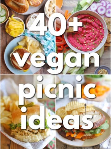 Text overlay: 40+ vegan picnic ideas. 4-panel collage with bagel sandwiches, beet hummus, vegan chicken salad sandwich, and veggie sandwich with chips.