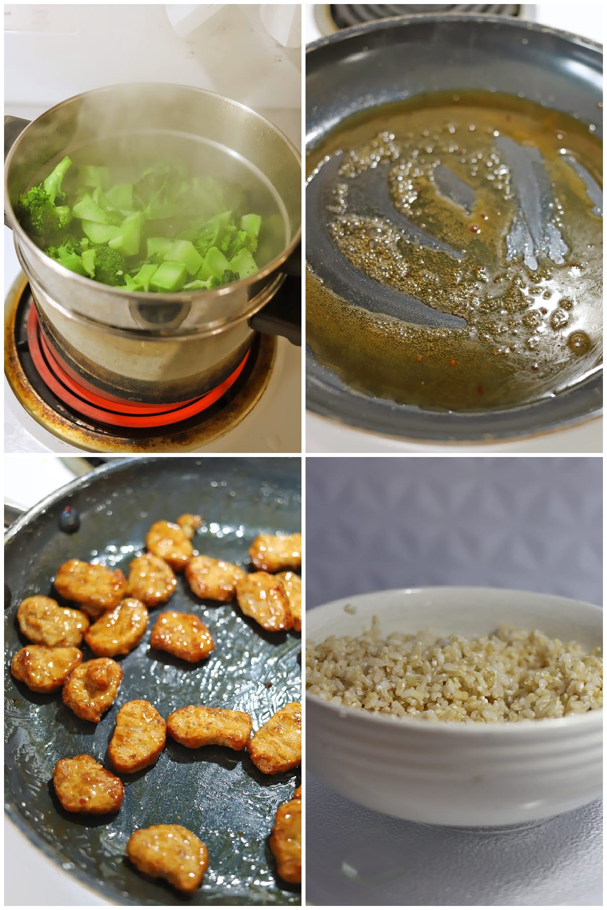 4-panel collage showing how to steam broccoli, reduce sauce, add chicken-less morsels, and microwave rice.