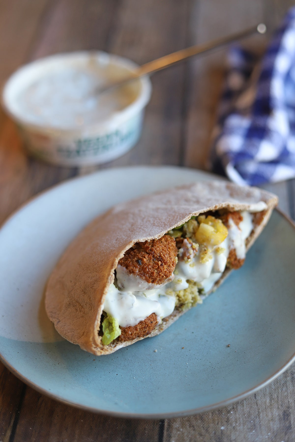 Crispy air fryer falafel in pita with vegan tzatziki.