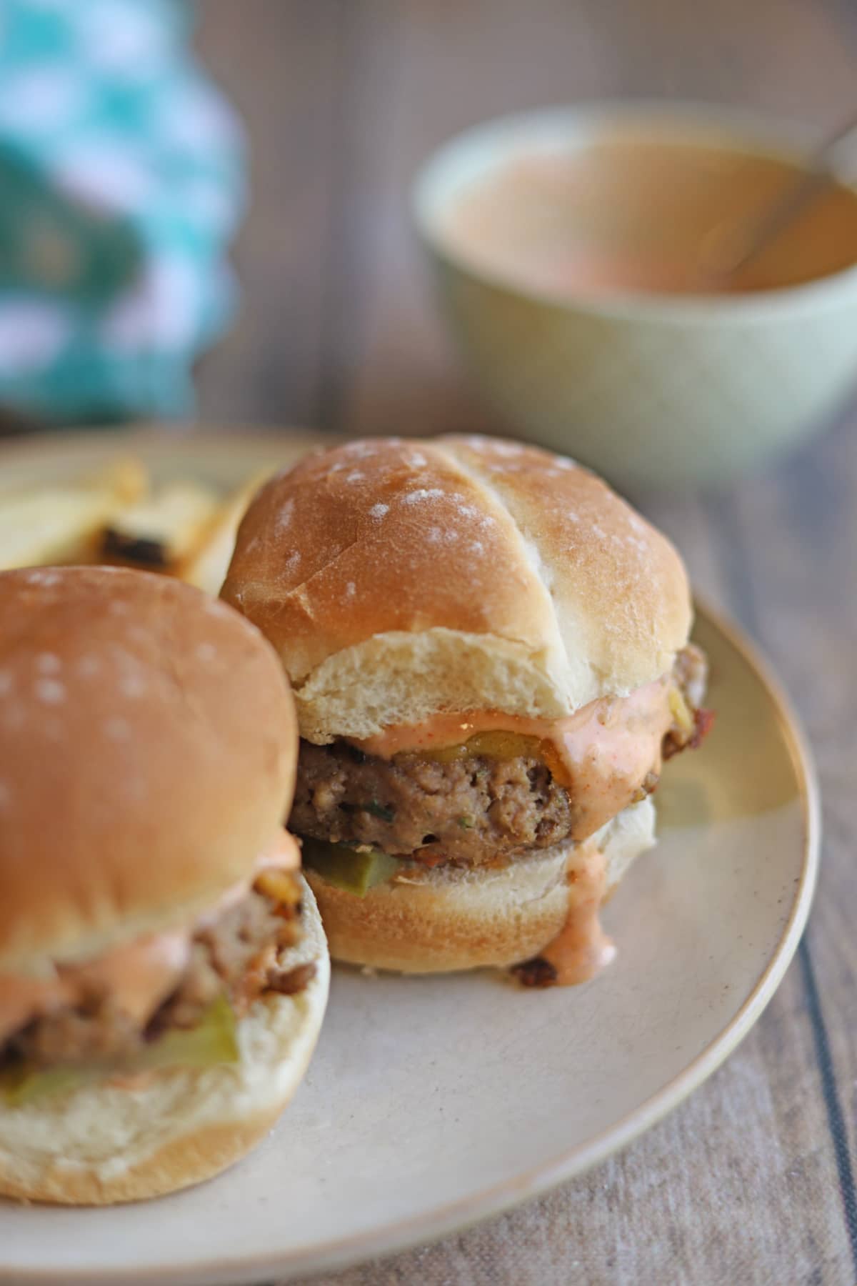 Vegan Big Mac sauce on sliders.