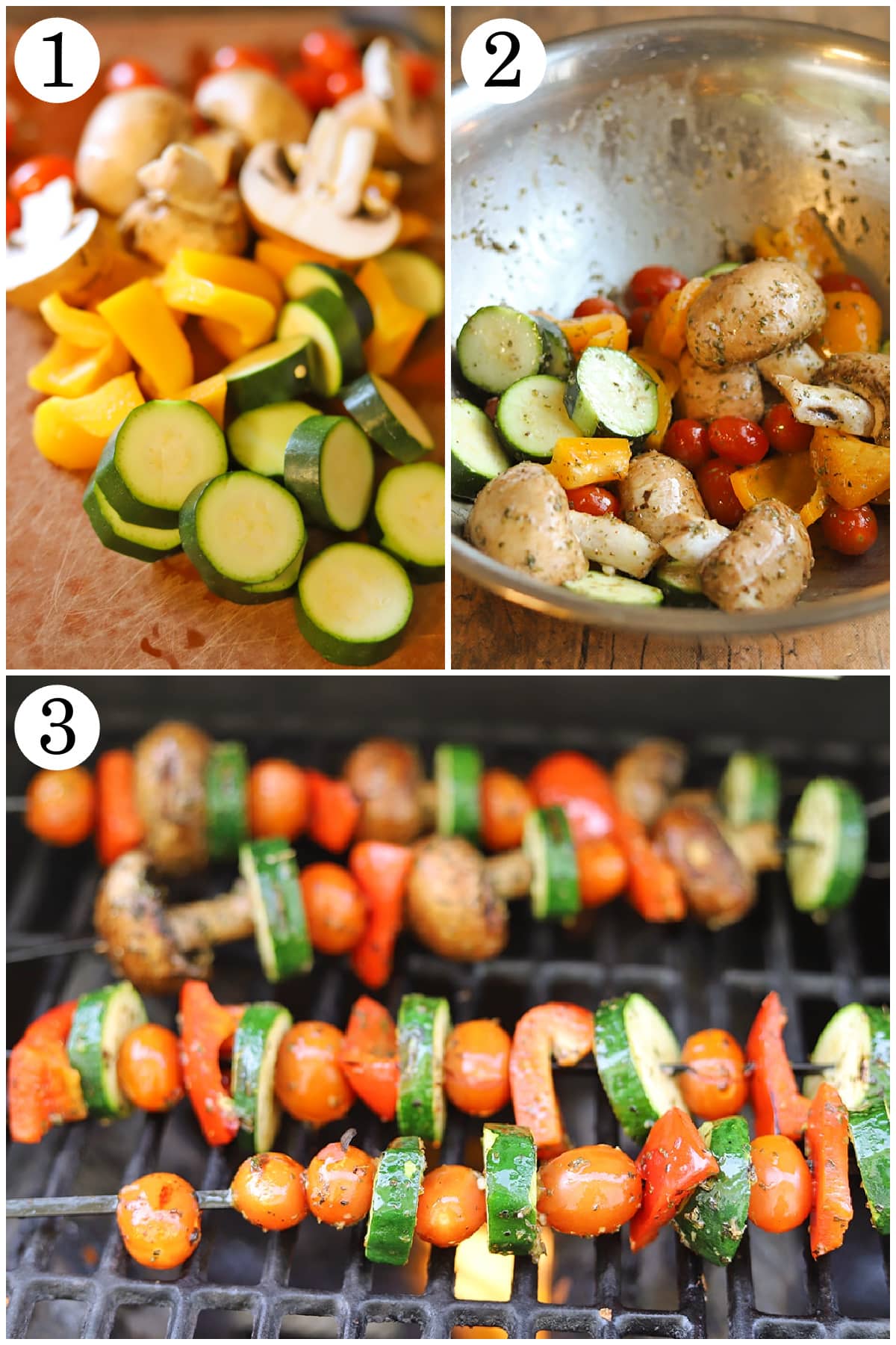 3-panel collage showing how to chop vegetables, marinate, and cook on outdoor grill.