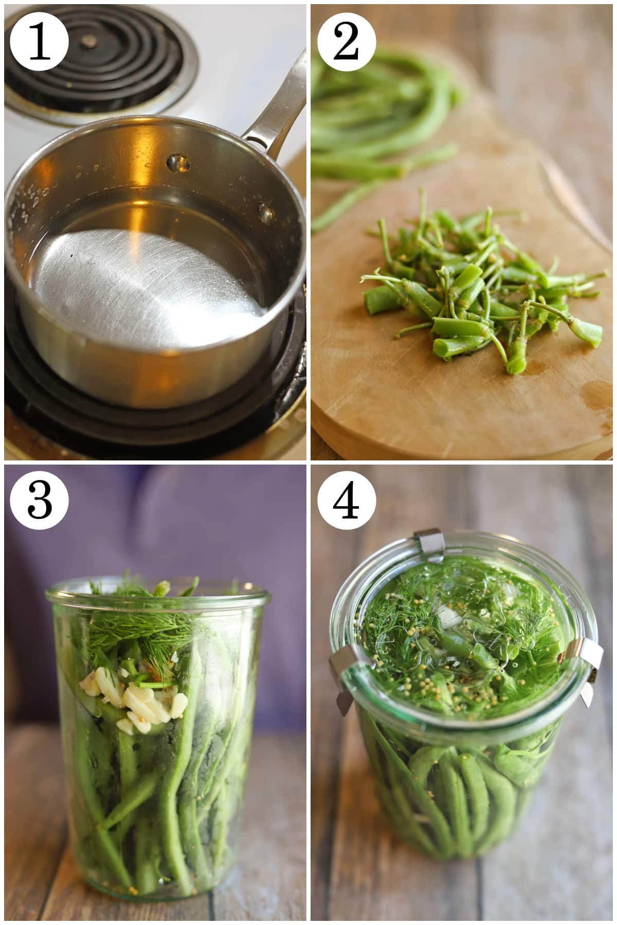4-panel collage showing how to make brine, remove stems from green beans, add to clean jar, and cover in brine.