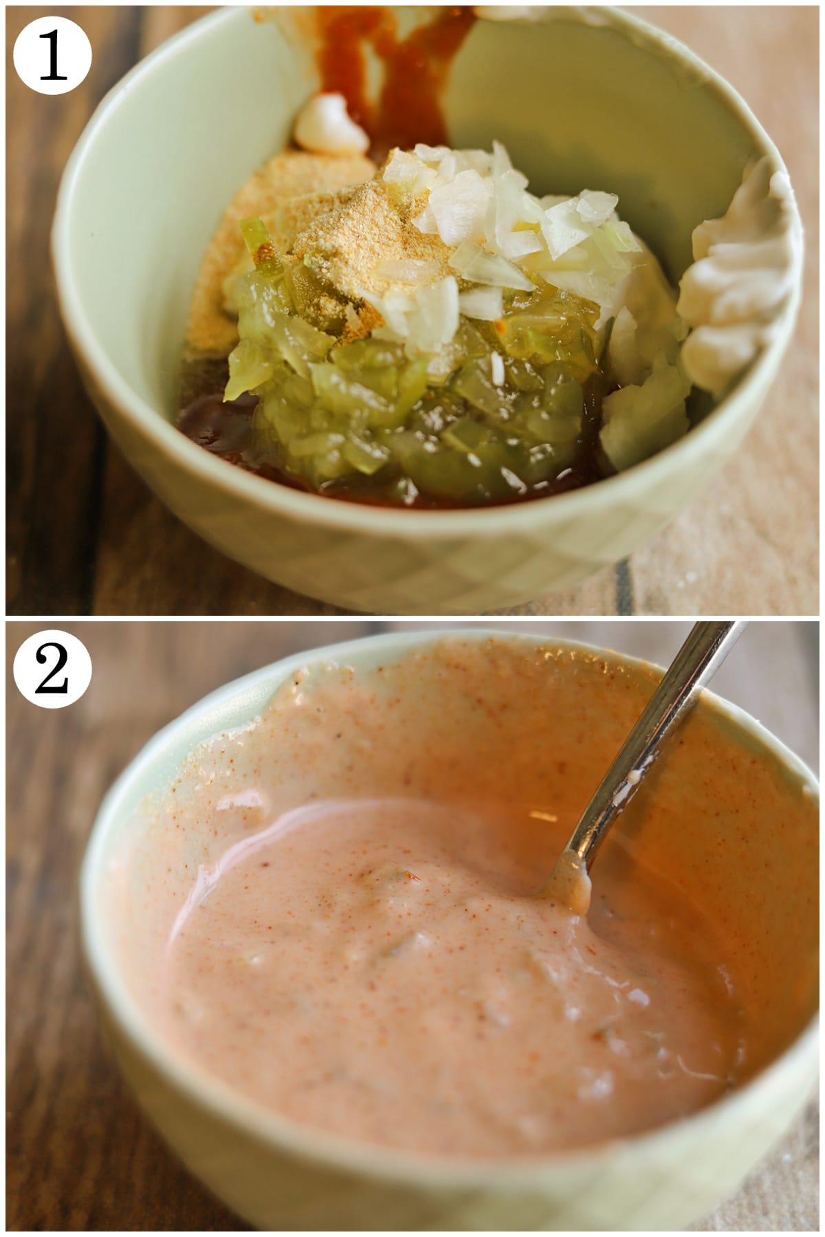 2-panel collage showing how to add vegan special sauce ingredients and combine with a spoon.