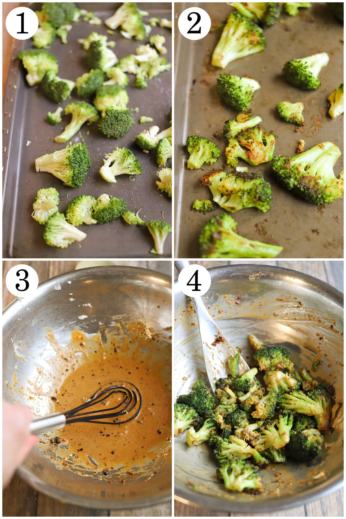 4-panel collage showing how to roast broccoli florets, make chili crisp vegan mayo sauce, and toss to coat.