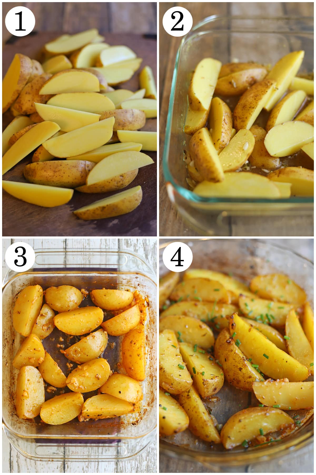 4-panel collage showing how to cut potatoes into wedges, add to lemony broth, roast until absorbed, and garnish with chives.