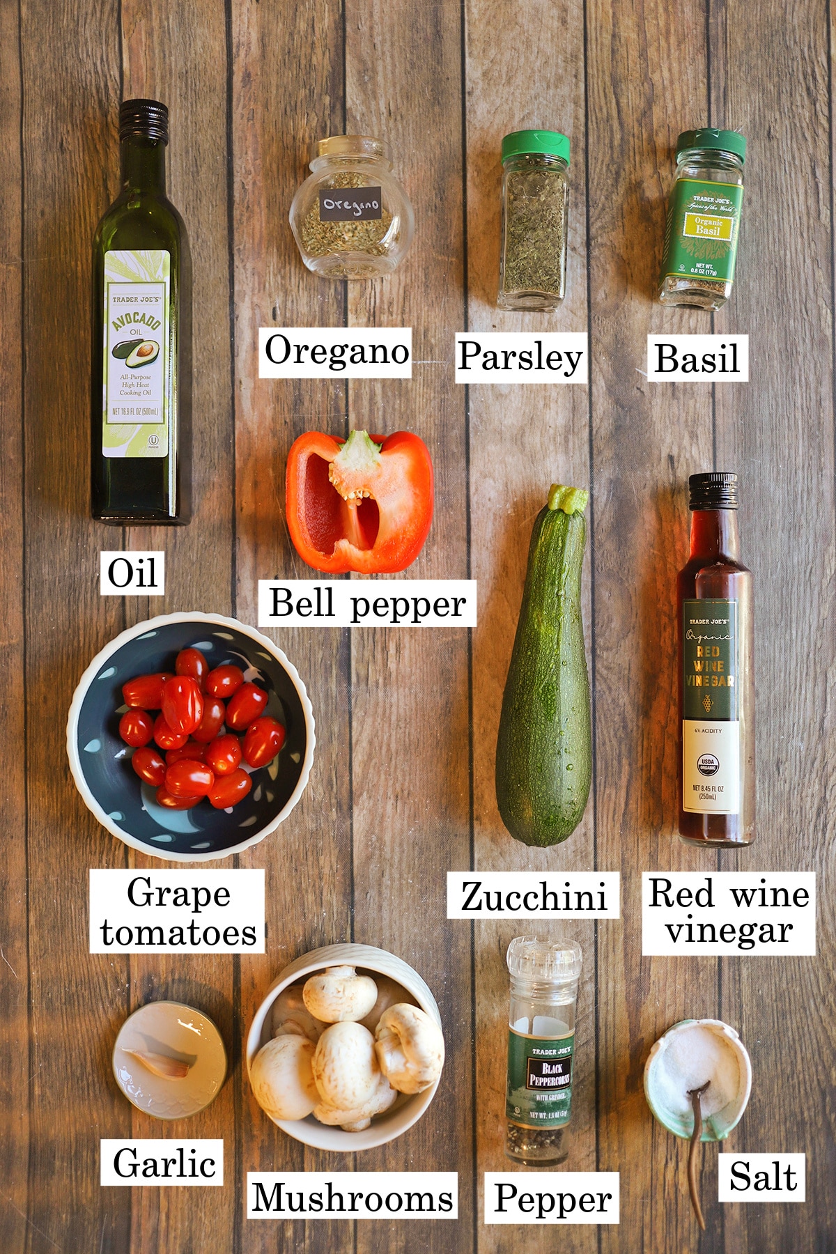 Labeled ingredients for grilled vegetable skewers.