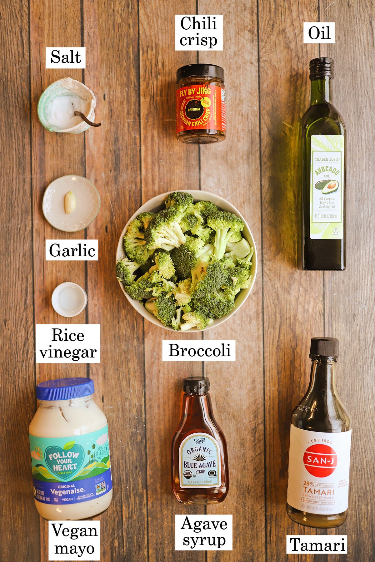 Labeled ingredients for chili crisp coated broccoli.