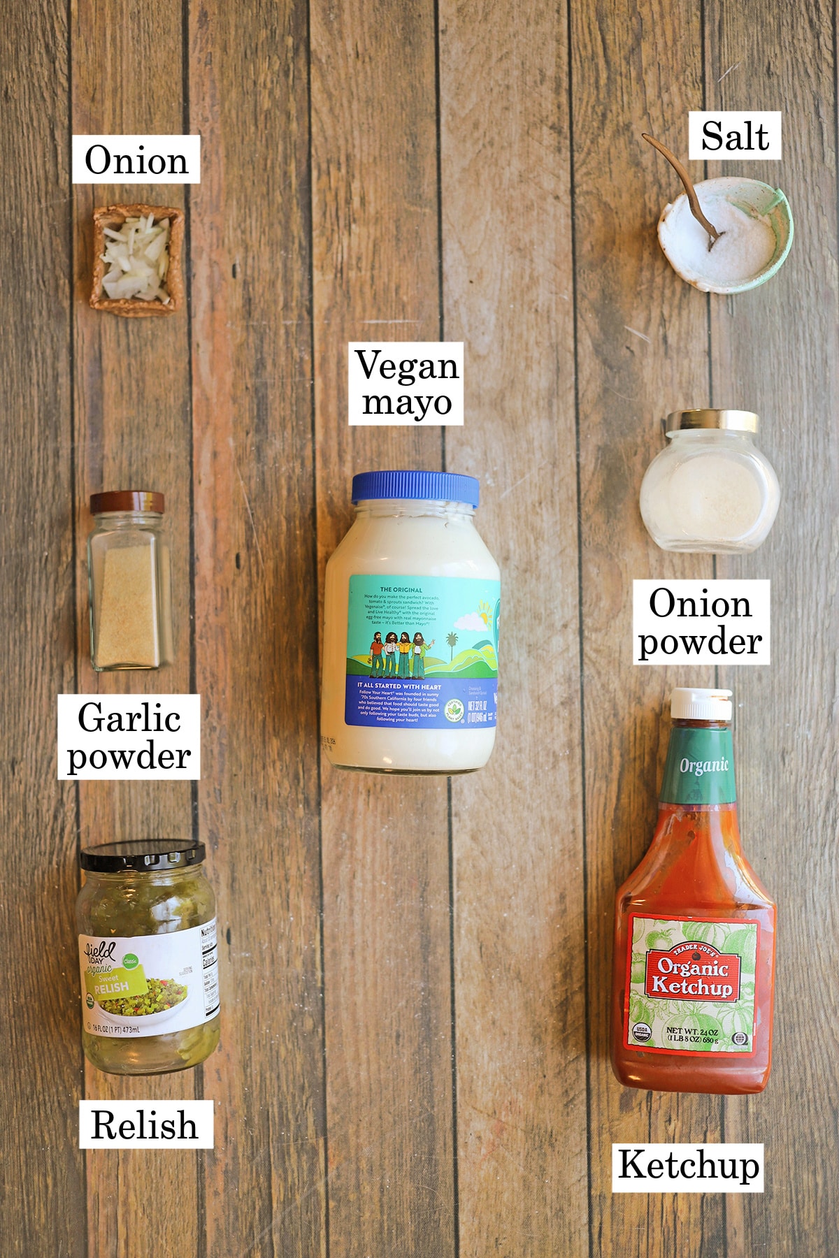 Labeled ingredients for vegan Big Mac sauce.