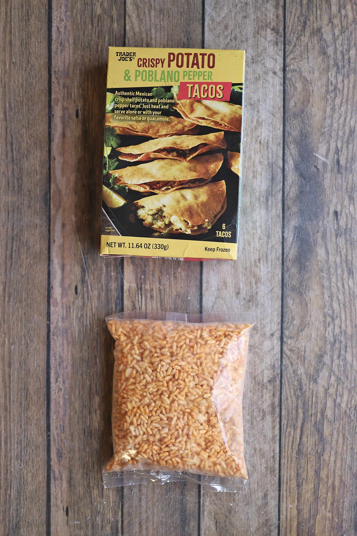 Box of crispy potato and poblano pepper tacos, plus packet of Spanish style rice.