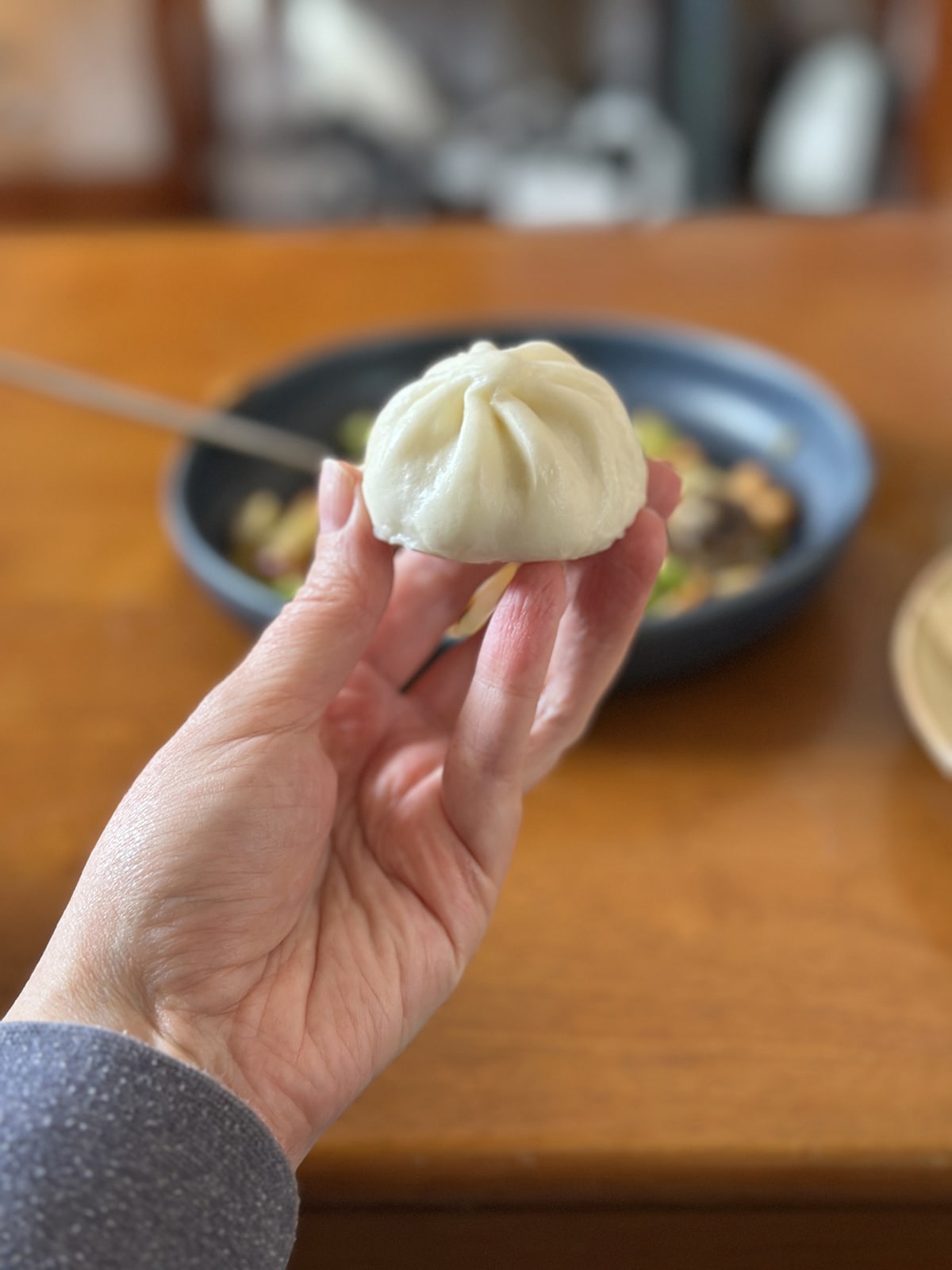 Hand holding steamed bao.