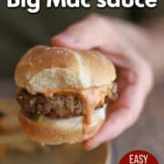 Text overlay: Vegan Big Mac sauce, easy copycat recipe, cadryskitchen.com. Hand holding veggie burger with burger sauce running down the side.