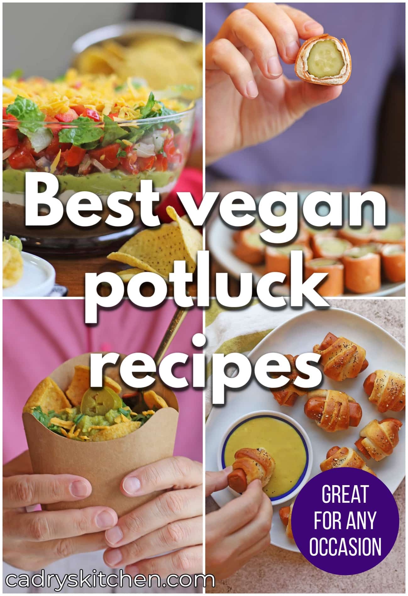 Text overlay: Best vegan potluck recipes. Great for any occasion. 4-panel collage with 7-layer dip, vegan pickle rollups, walking tacos, and vegan pigs in a blanket appetizer.