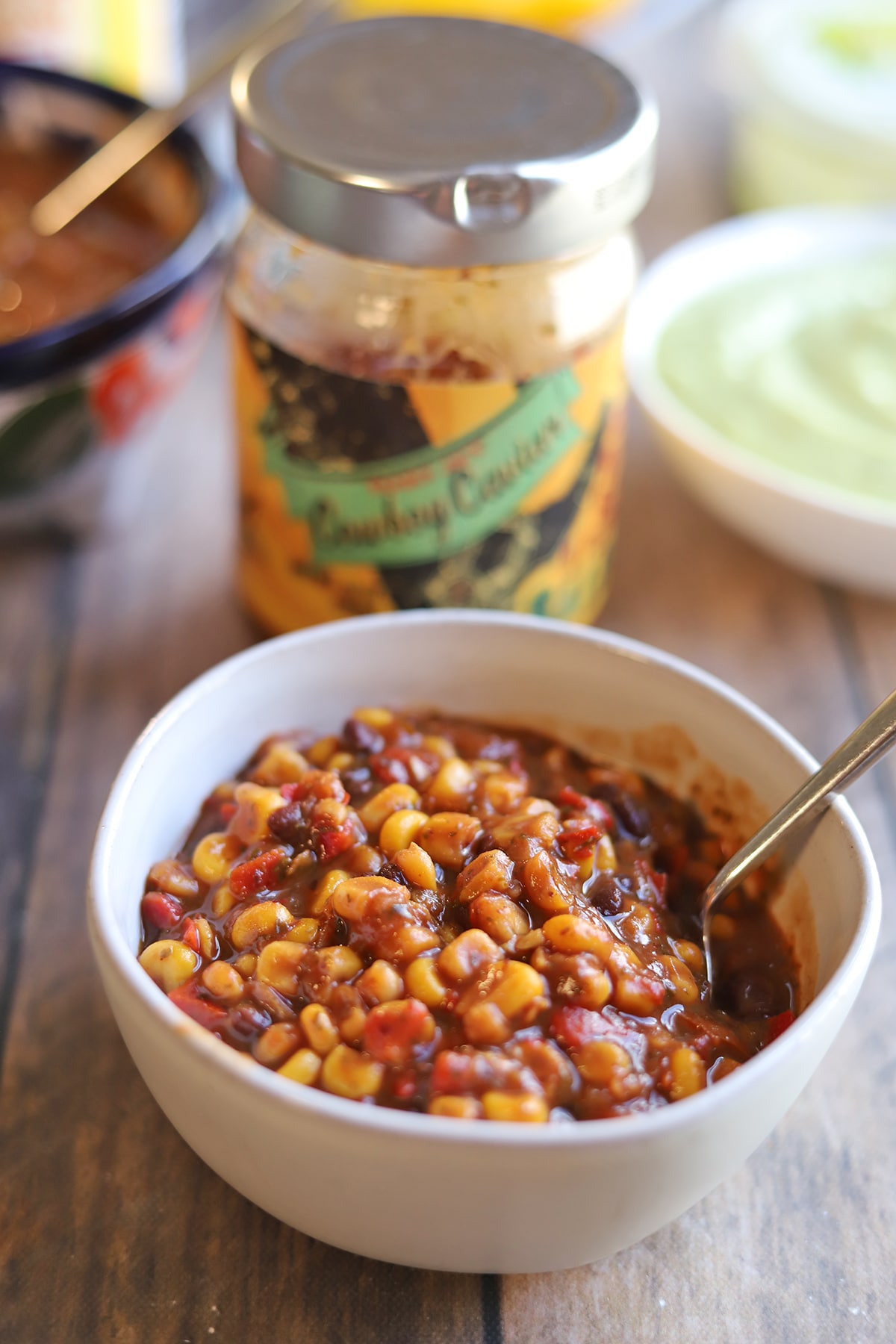 Cowboy caviar with corn in bowl.