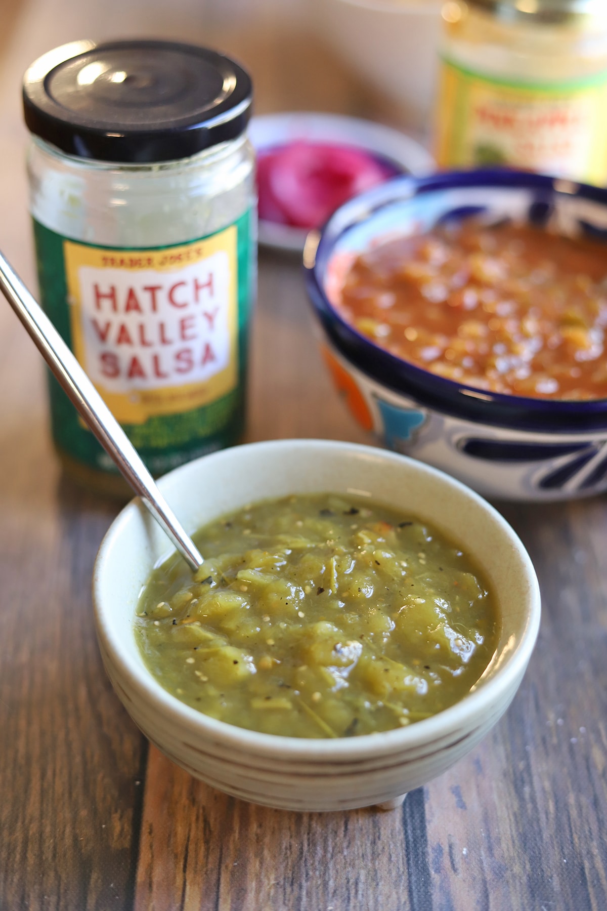 Hatch Valley salsa on table with pineapple salsa.