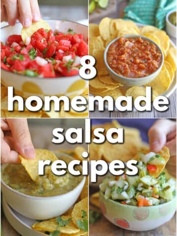 Text overlay: 8 homemade salsa recipes. 4-panel collage with watermelon salsa, roasted tomato salsa, salsa verde, and dill pickle salsa.