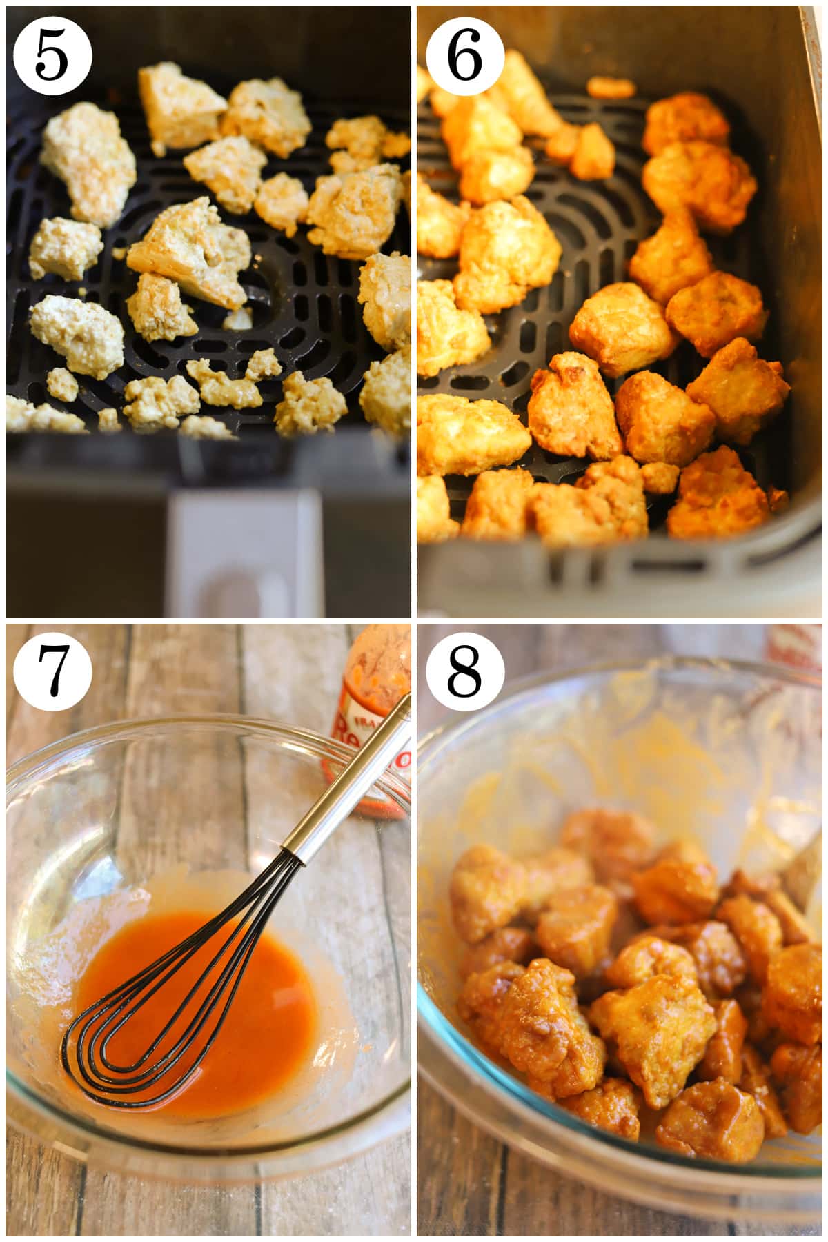 4-panel collage showing how to bake tofu bites in the air fryer until crispy, make buffalo sauce, and toss the tofu bites.