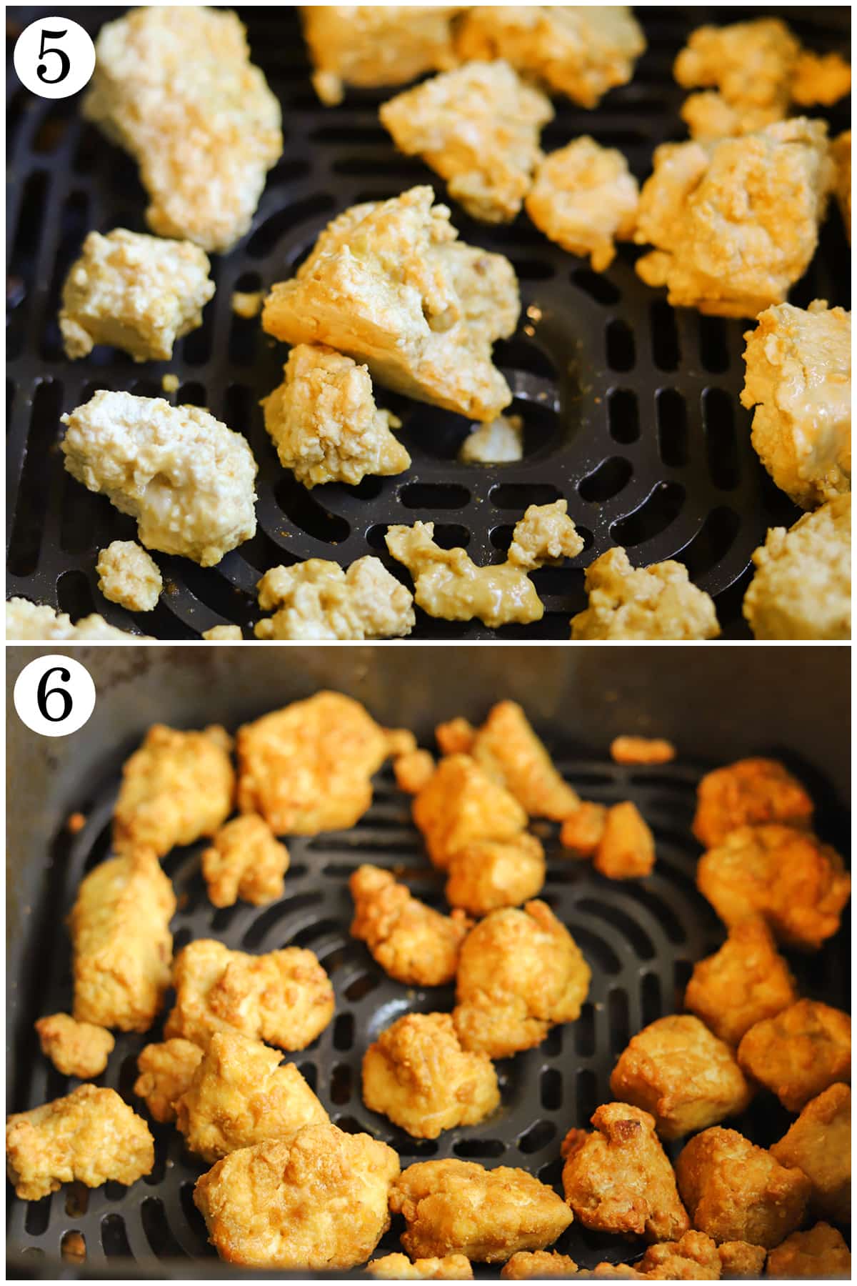 2-panel collage showing how to put breaded tofu into air fryer basket and cook until golden.