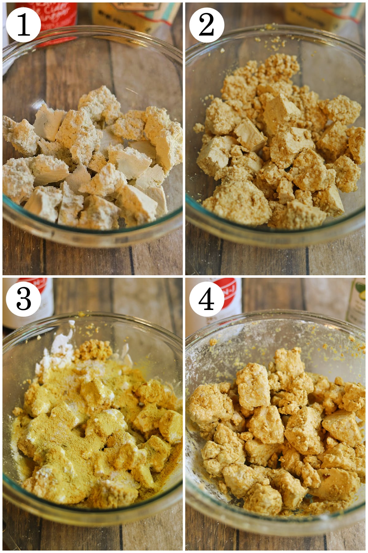 4-panel collage showing how to break super firm tofu apart, season with tamari and apple cider vinegar, coat with cornstarch and nutritional yeast, and toss to evenly coat in one bowl.