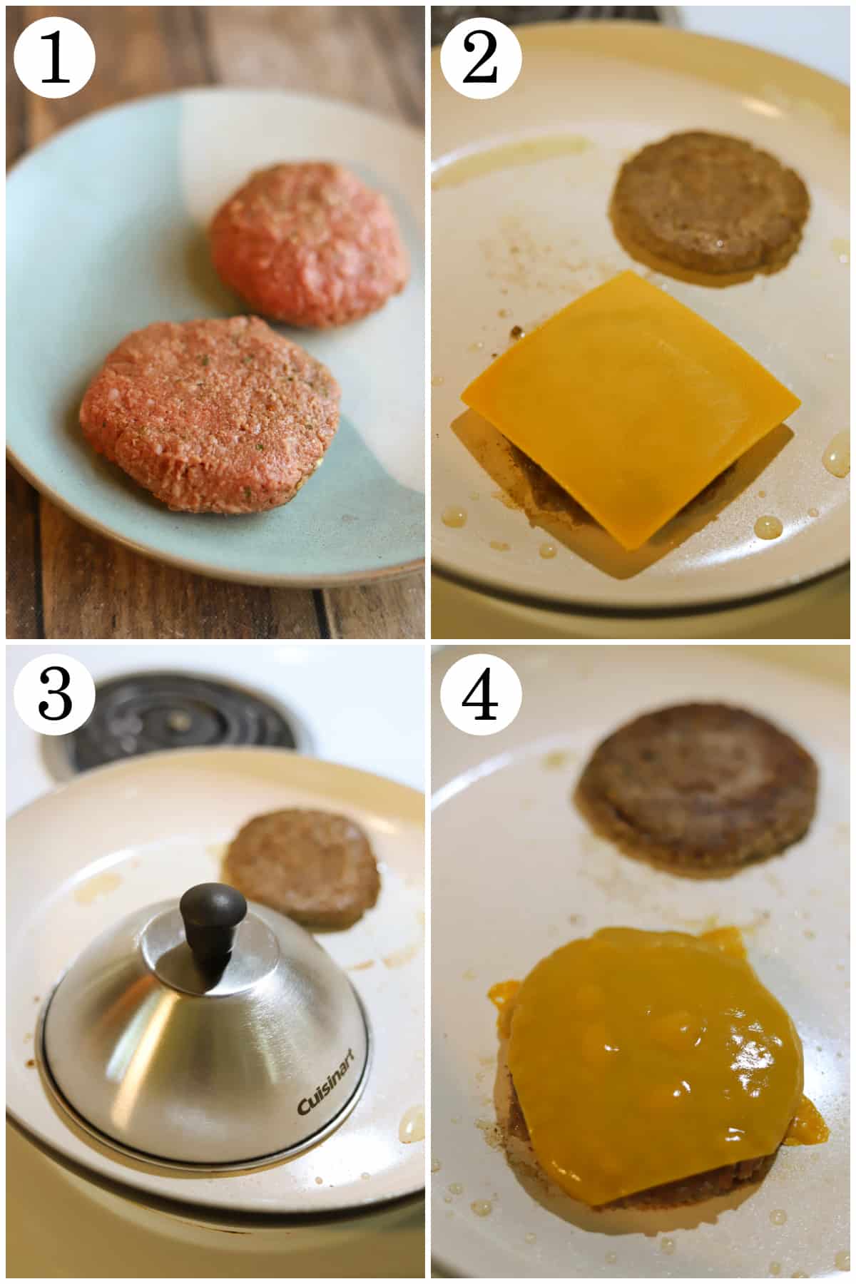 4-panel collage showing how to season and form burgers, add vegan cheddar cheese slice, cover, and melt.