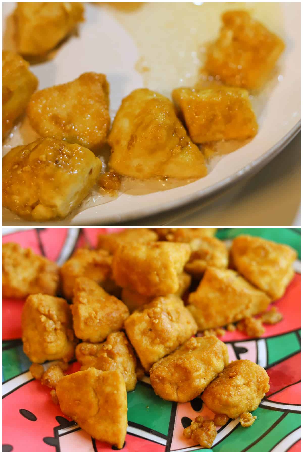 Vegan chicken nuggets frying in pan, and then draining on colorful fry paper.