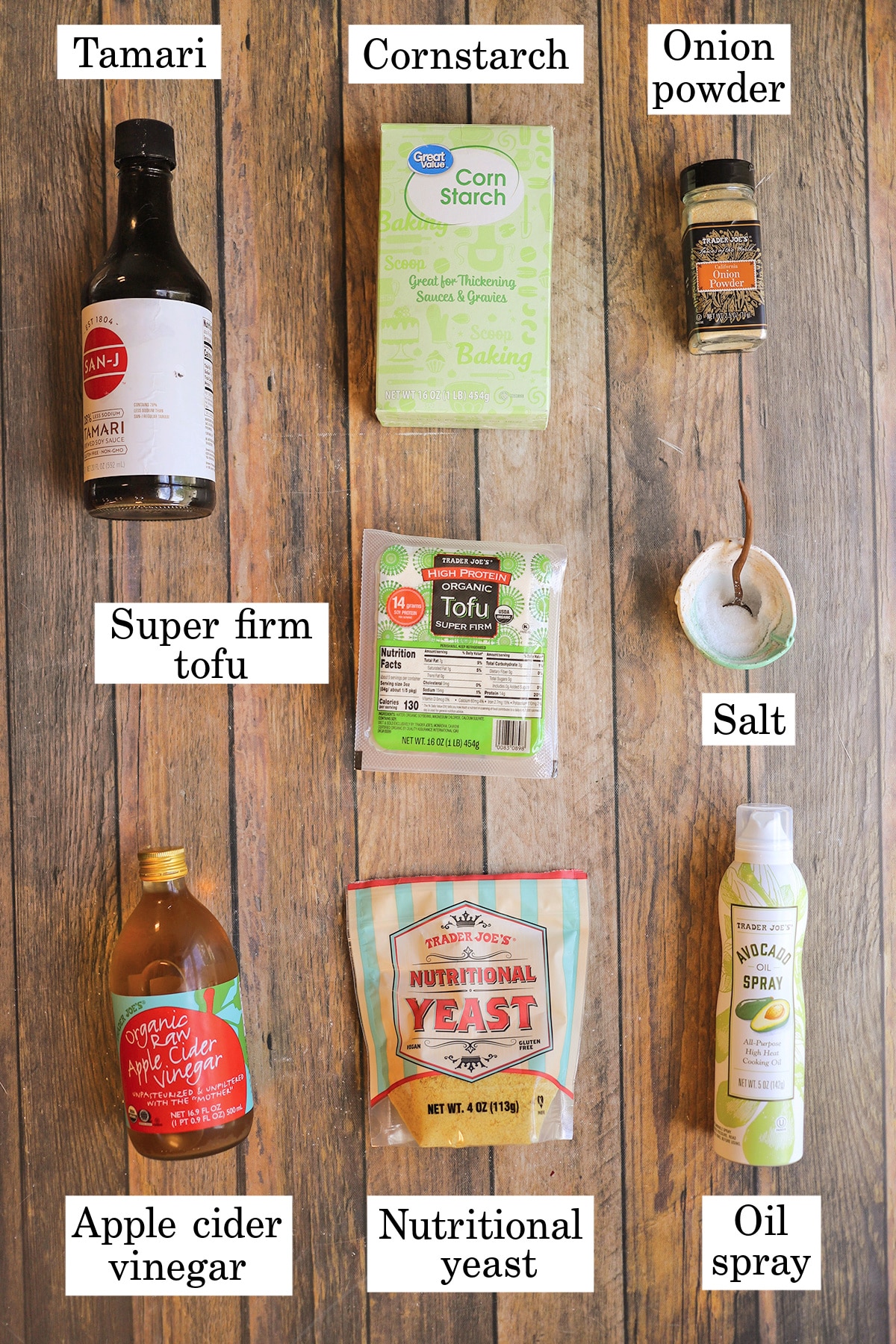 Labeled ingredients for air fryer tofu nuggets.
