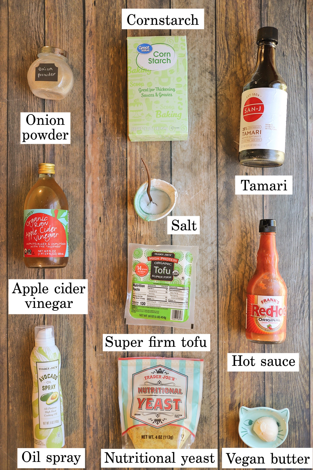 Labeled ingredients for vegan buffalo wings.