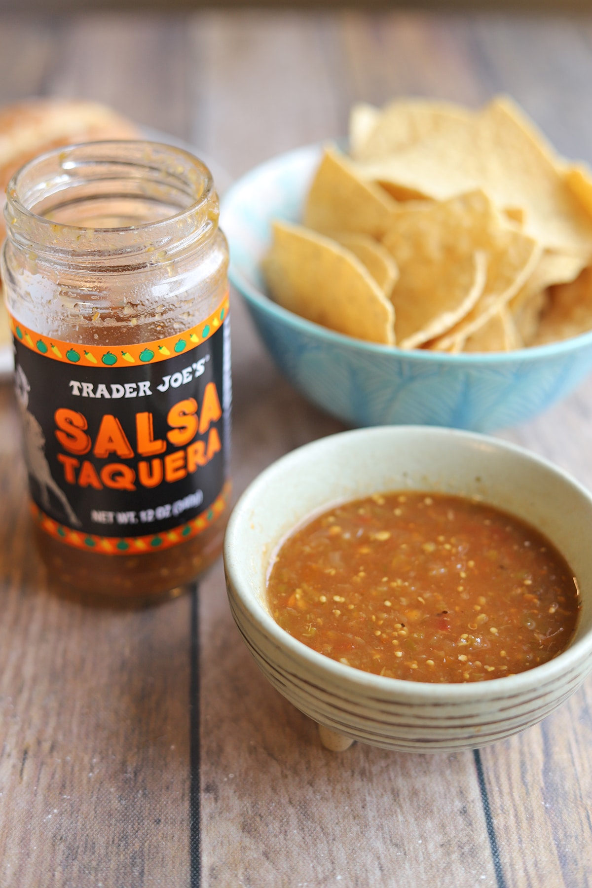 Trader Joe's salsa taquera with tortilla chips.