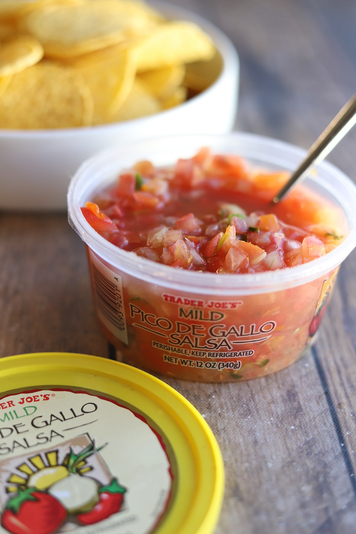 Trader Joe's mild pico de gallo salsa by tortilla chips.