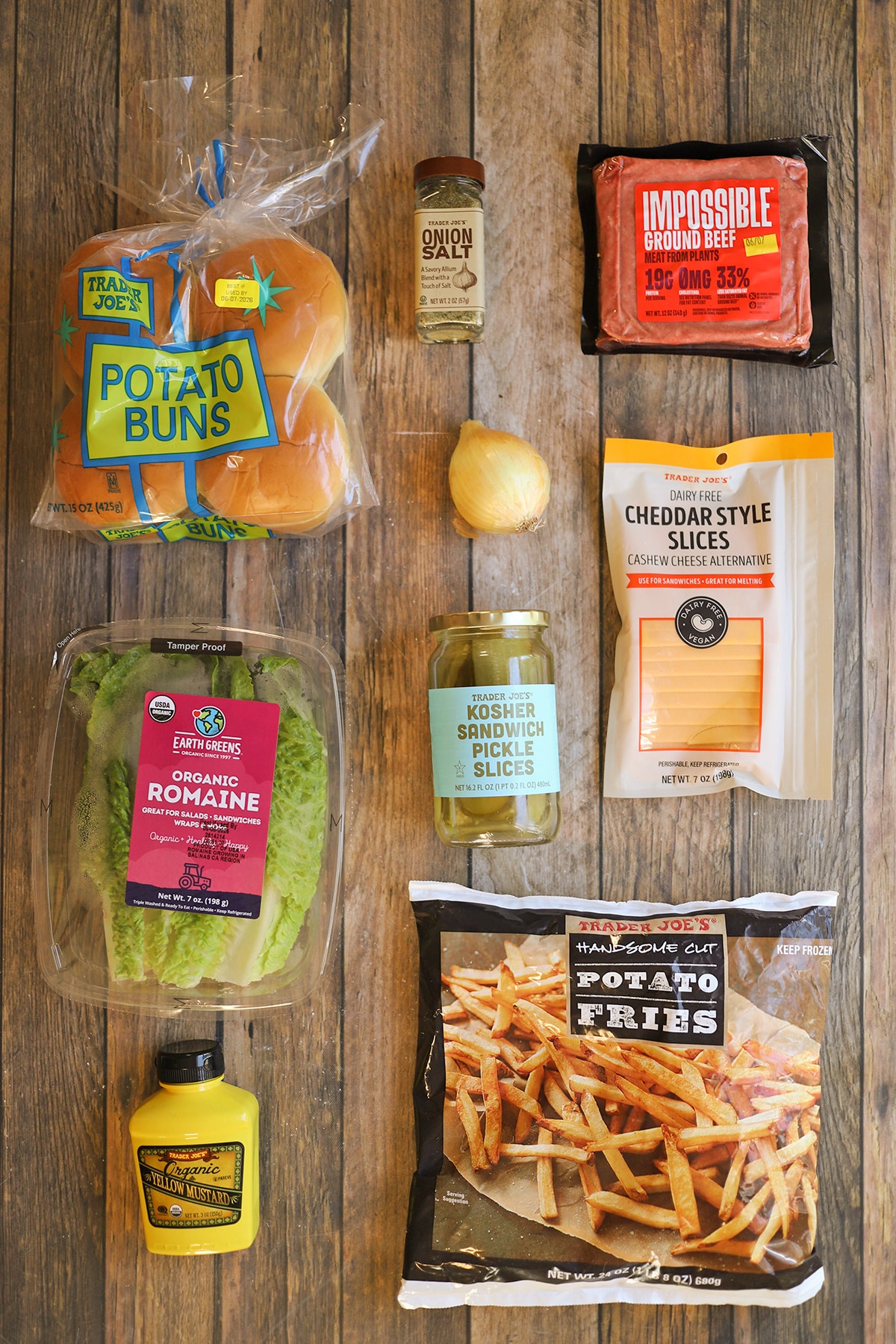 Trader Joe's ingredients to make vegan cheeseburger and fries.