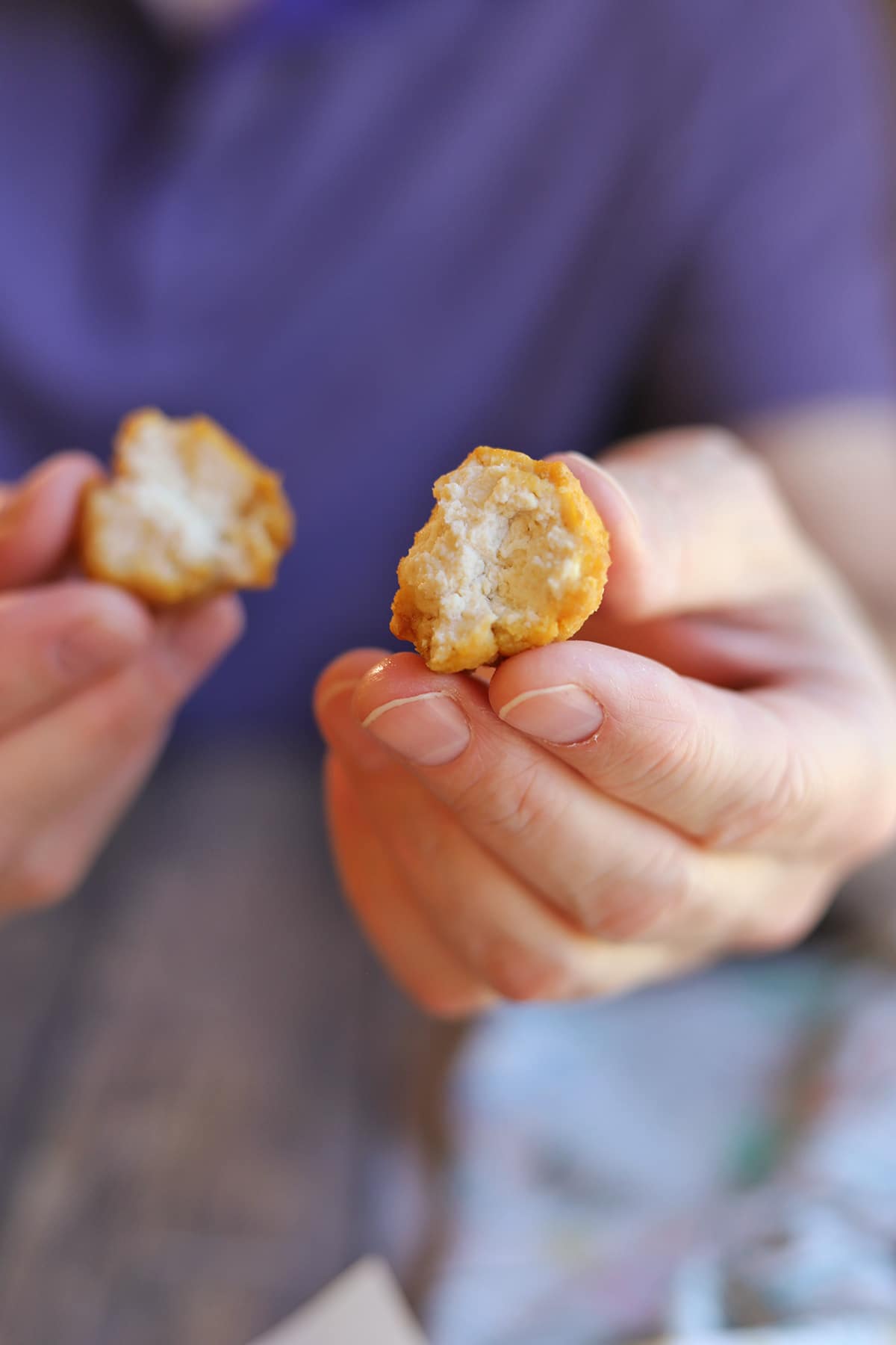 Tofu nugget ripped in half to show it's chewy white center.