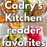 4-panel collage with popcorn tofu, vegan meatloaf, chili crisp edamame, and pickled turnips. Text overlay: Cadry's Kitchen reader favorites.