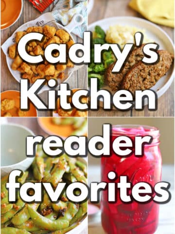 4-panel collage with popcorn tofu, vegan meatloaf, chili crisp edamame, and pickled turnips. Text overlay: Cadry's Kitchen reader favorites.