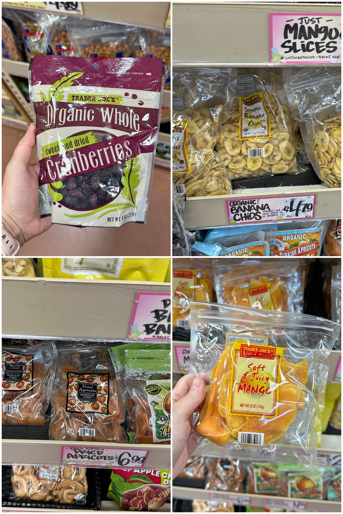 4-panel collage with dried cranberries, banana chips, dried apricots, and dried mango.