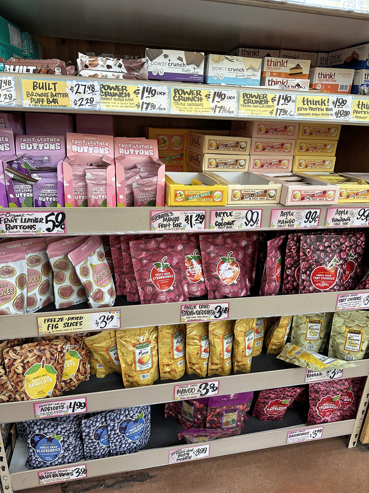 Freeze dried fruits on display at Trader Joe's.