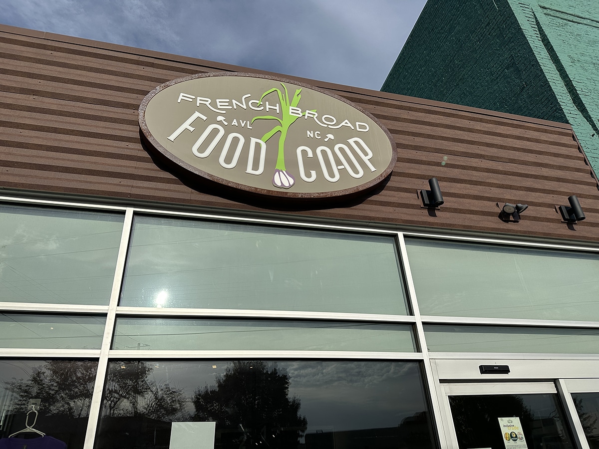 French Broad Food Co-op sign and exterior.