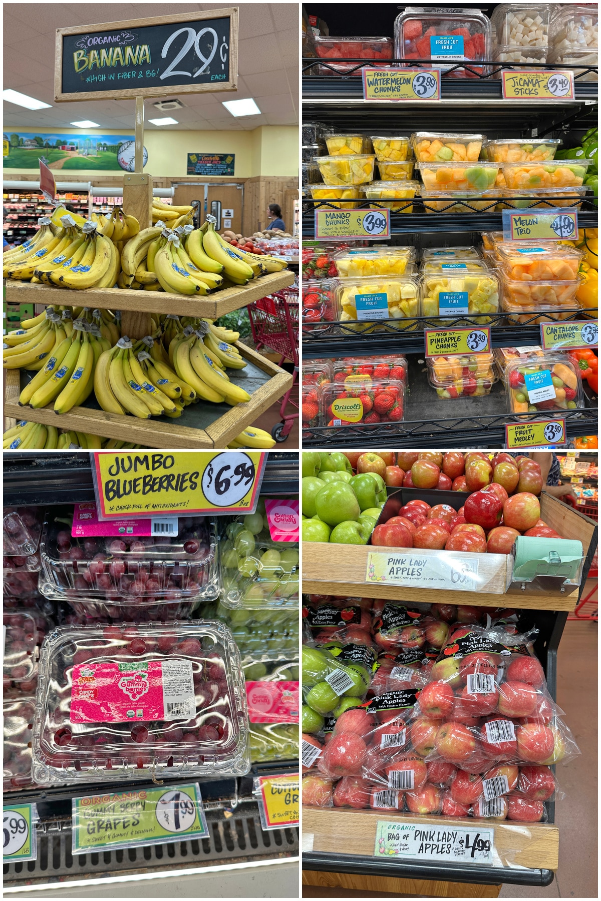 4-panel collage with bananas, chopped fruit, grapes, and apples on display at Trader Joe's.
