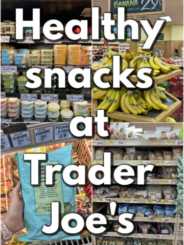 Text overlay: Healthy snacks at Trader Joe's. 4-panel collage with refrigerated hummus, bananas, edamame, and nuts.