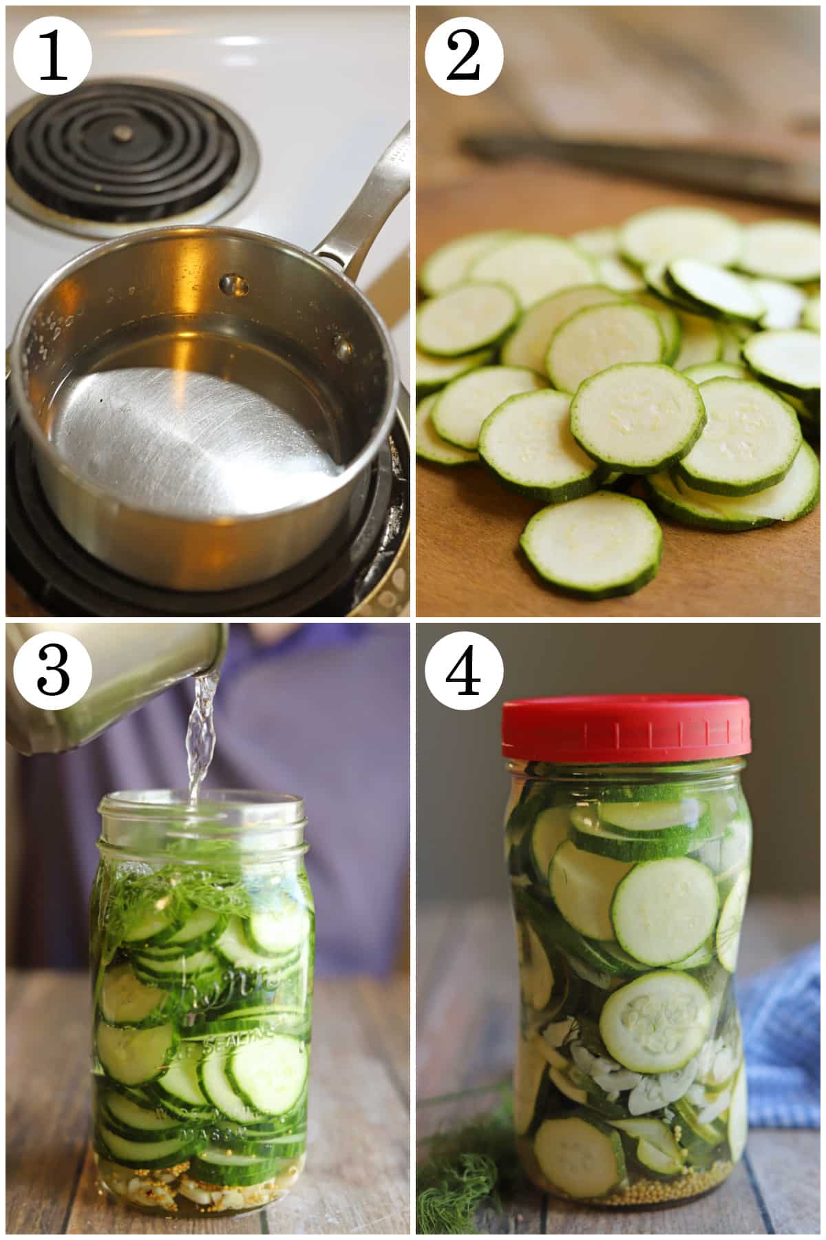 4-panel collage showing how to make brine, thinly slice zucchini, pour brine over zucchini, and refrigerate.