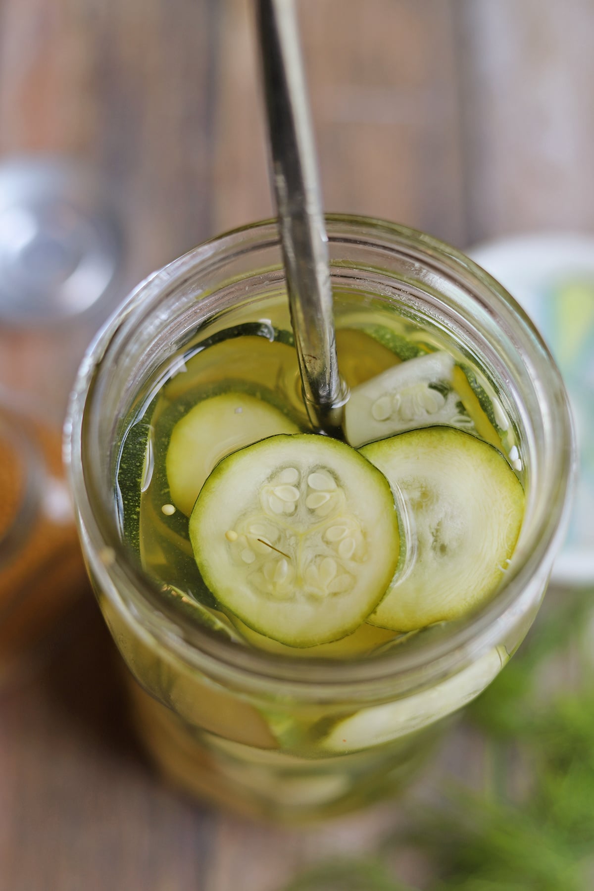 Zucchini quick pickles in jar.