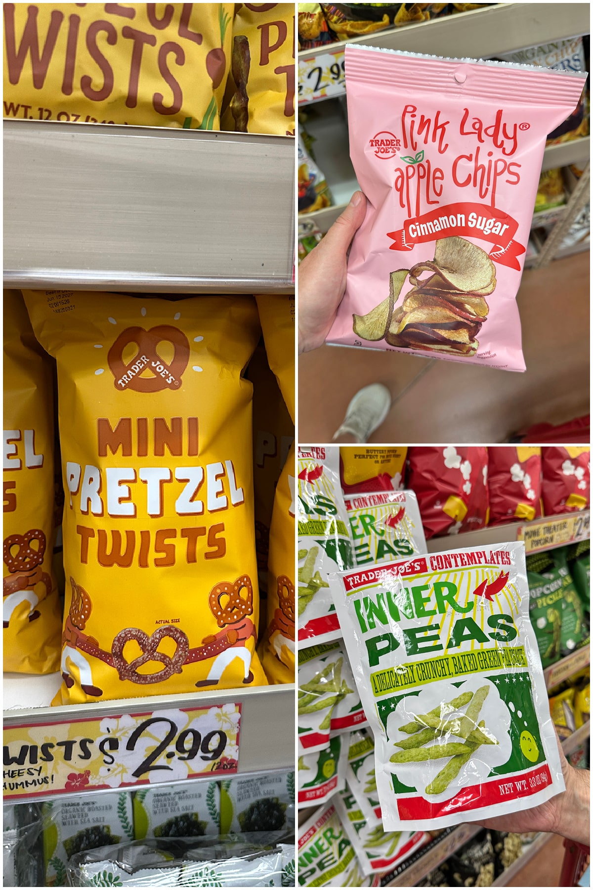 3-panel collage with mini pretzel twists, Pink Lady apple chips, and Inner Peas.
