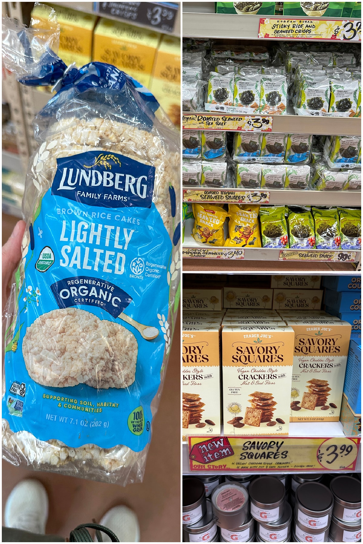 3-panel collage with lightly salted rice cakes, seaweed snacks, and savory squares.