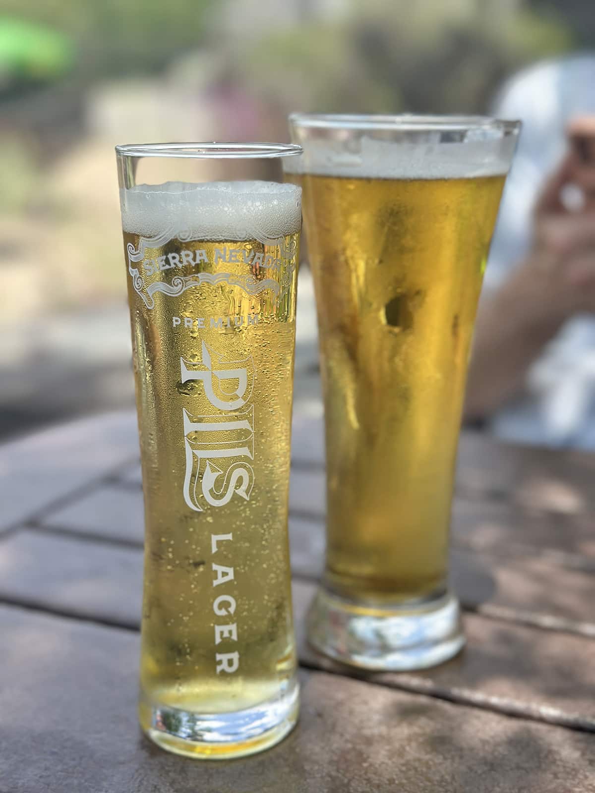 Beers in tall glasses at Sierra Nevada Mills River Taproom.