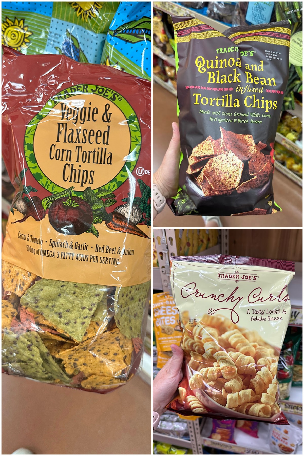 3-panel collage with veggie & flaxseed corn tortilla chips, quinoa and black bean infused tortilla chips, and crunchy curls.