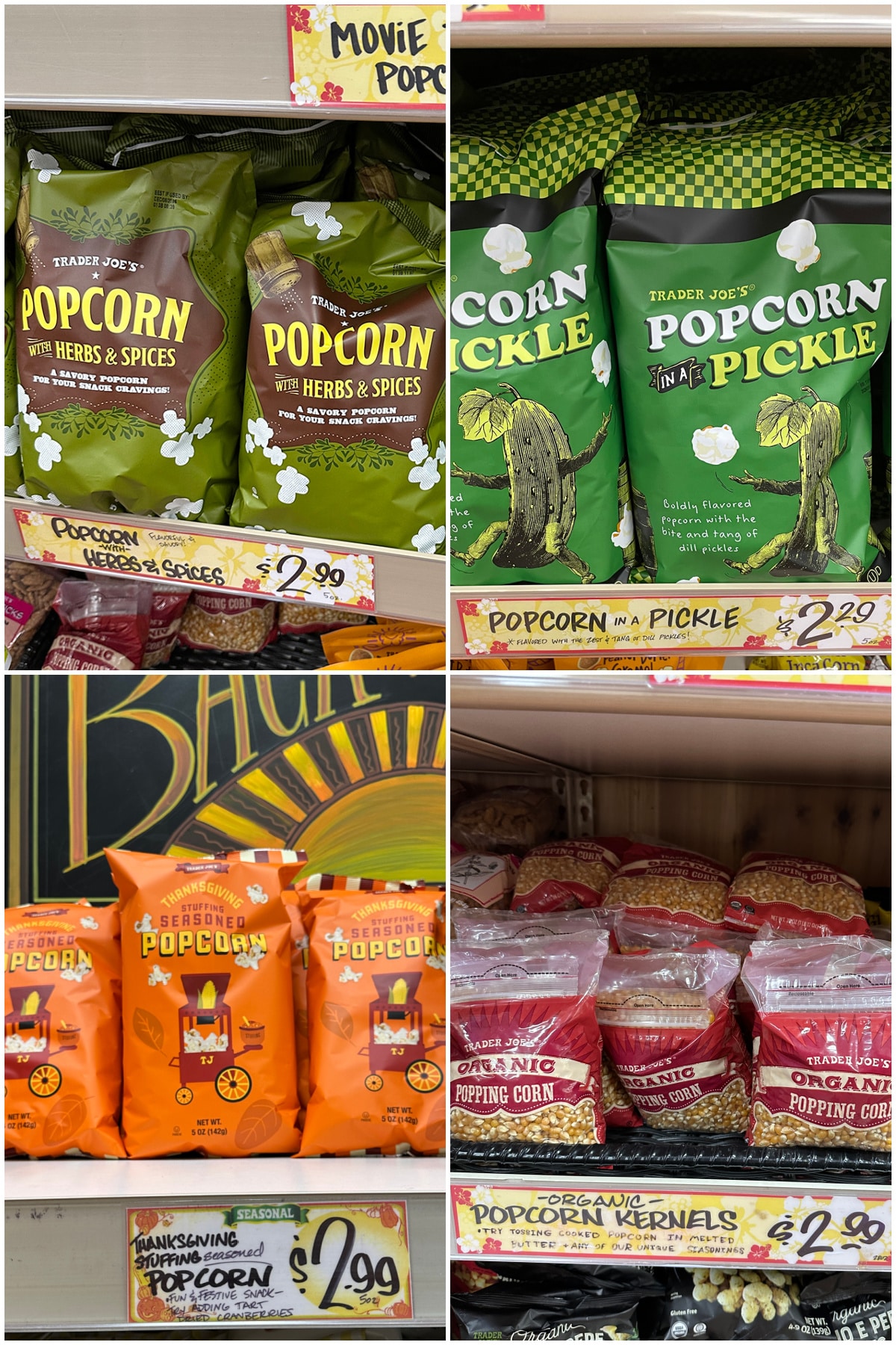 4-panel collage with popcorn with herbs & spices, popcorn in a pickle, Thanksgiving popcorn, and popcorn kernels.