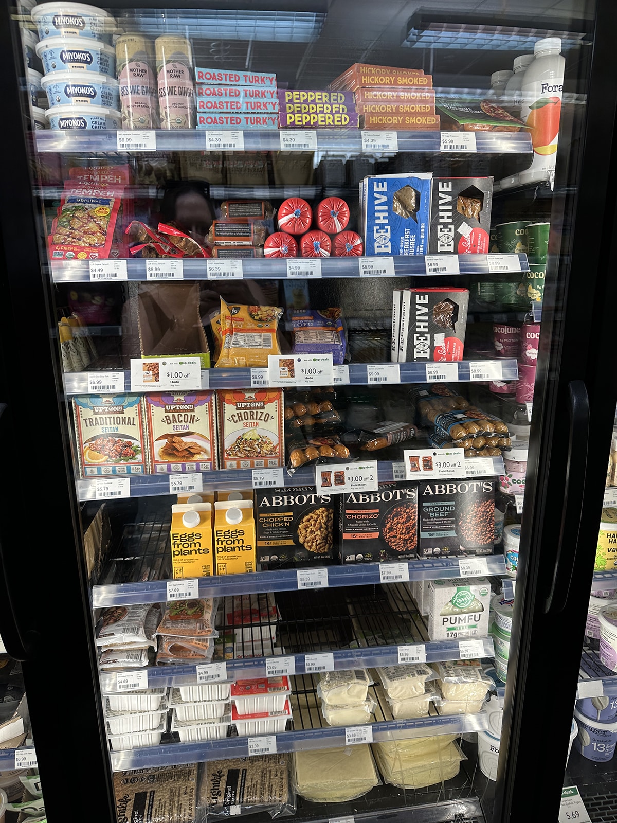 Vegan meat and tofu case at French Broad Co-op in Asheville, North Carolina.