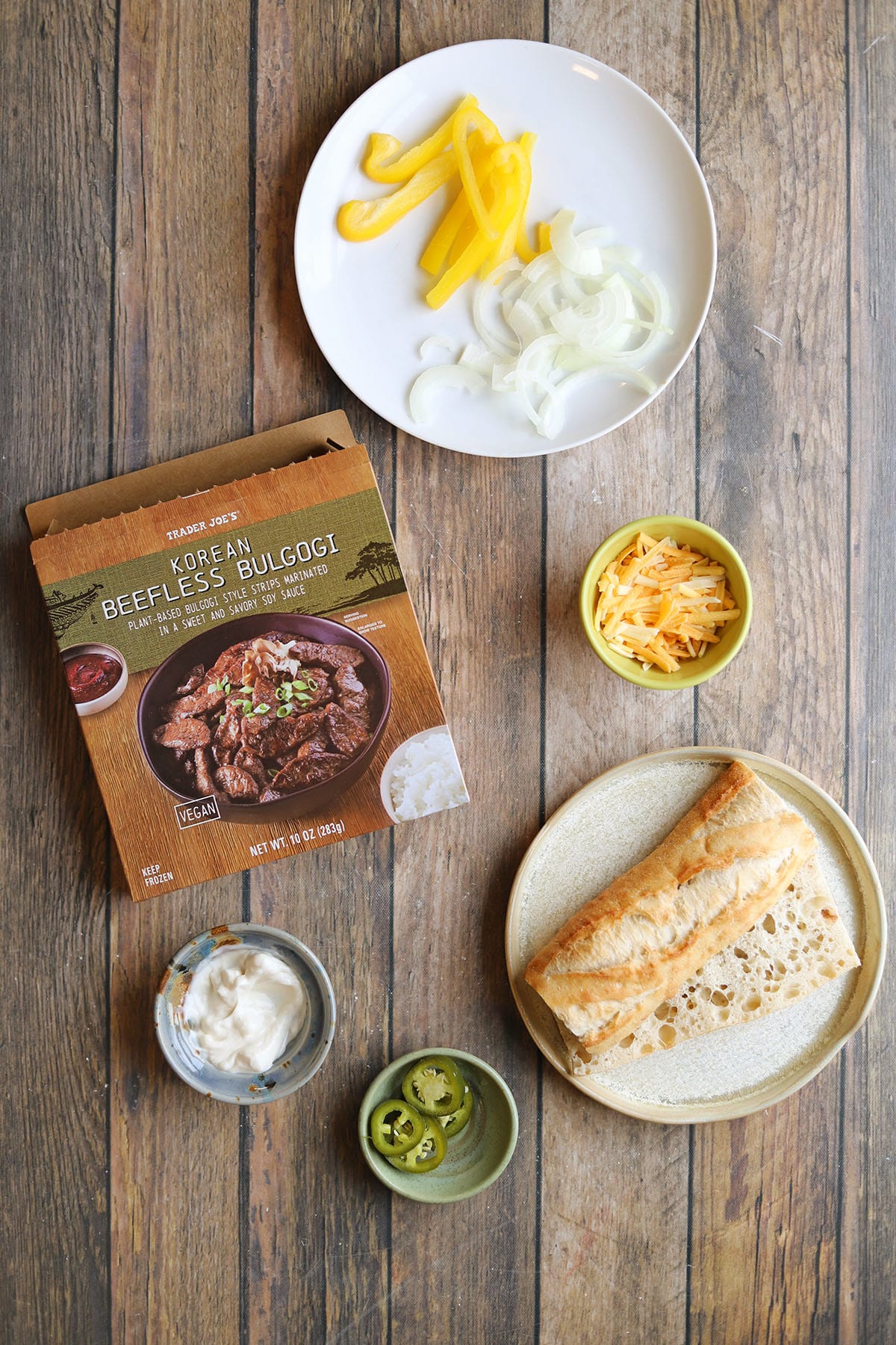 Ingredients for beefless bulgogi Philly cheesesteak-style sandwich.