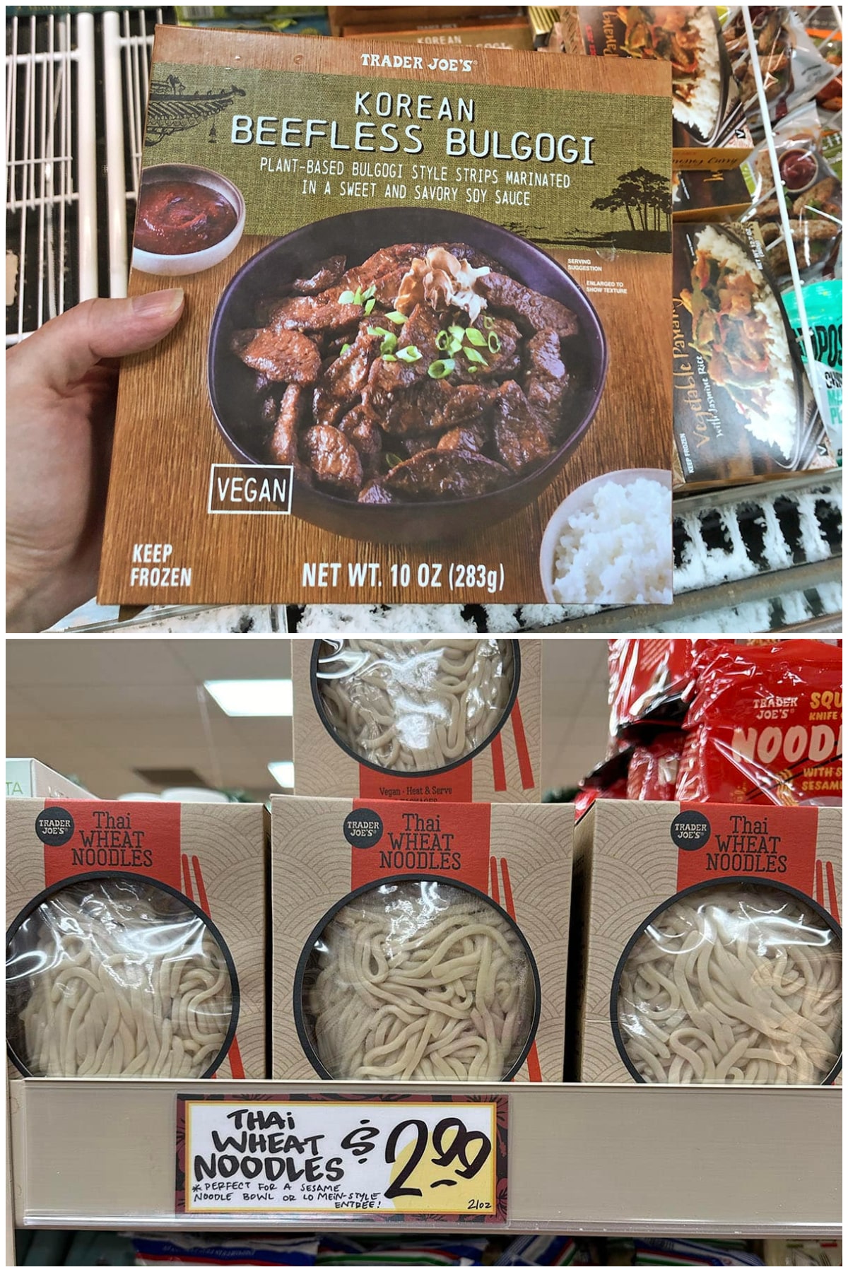 2-panel collage with hand holding package of Trader Joe's Korean beefless bulgogi and packages of Thai wheat noodles on display.
