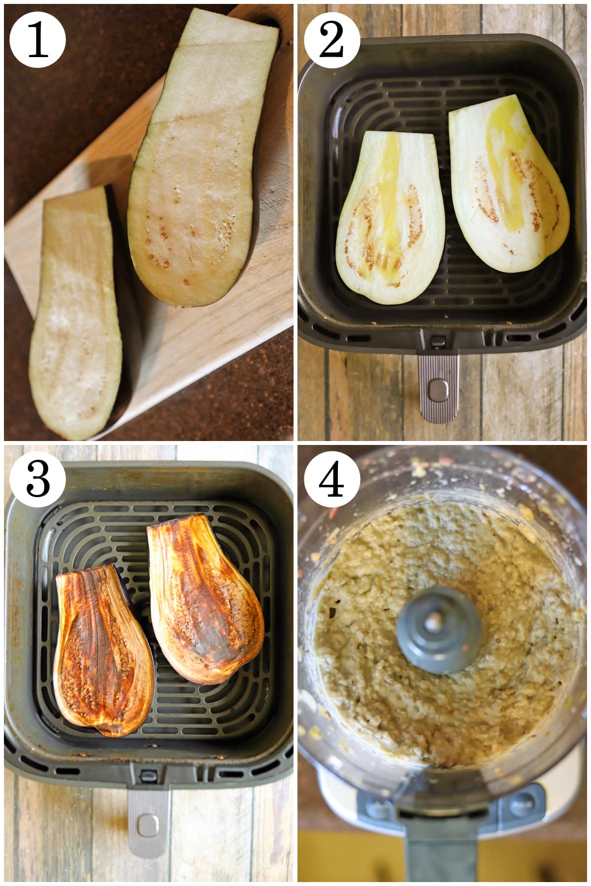 4-panel collage showing how to halve eggplant, oil and add to air fryer basket, roast until blackened, and add to food processor with other ingredients.