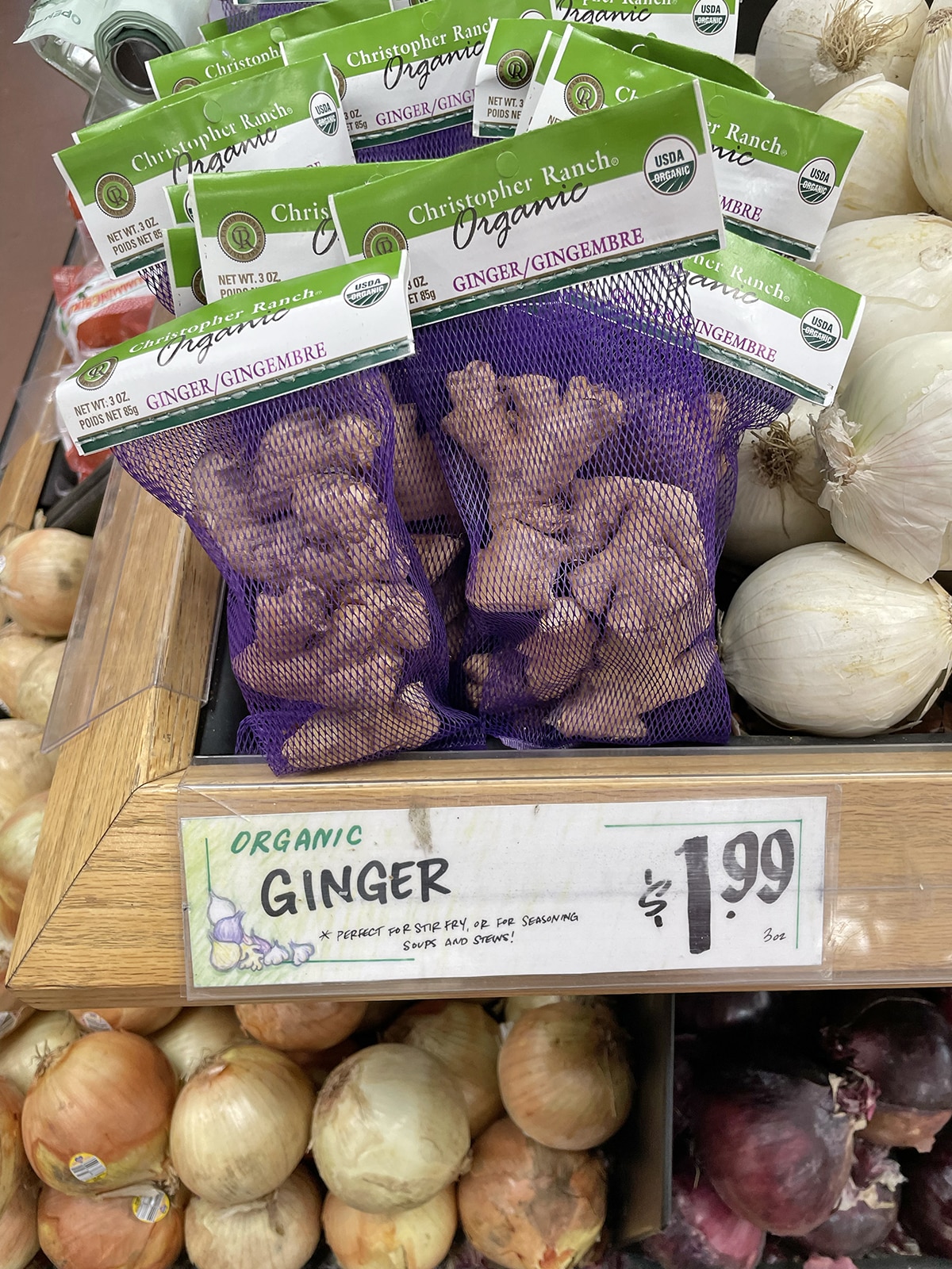 Organic ginger on display at Trader Joe's for $1.99.