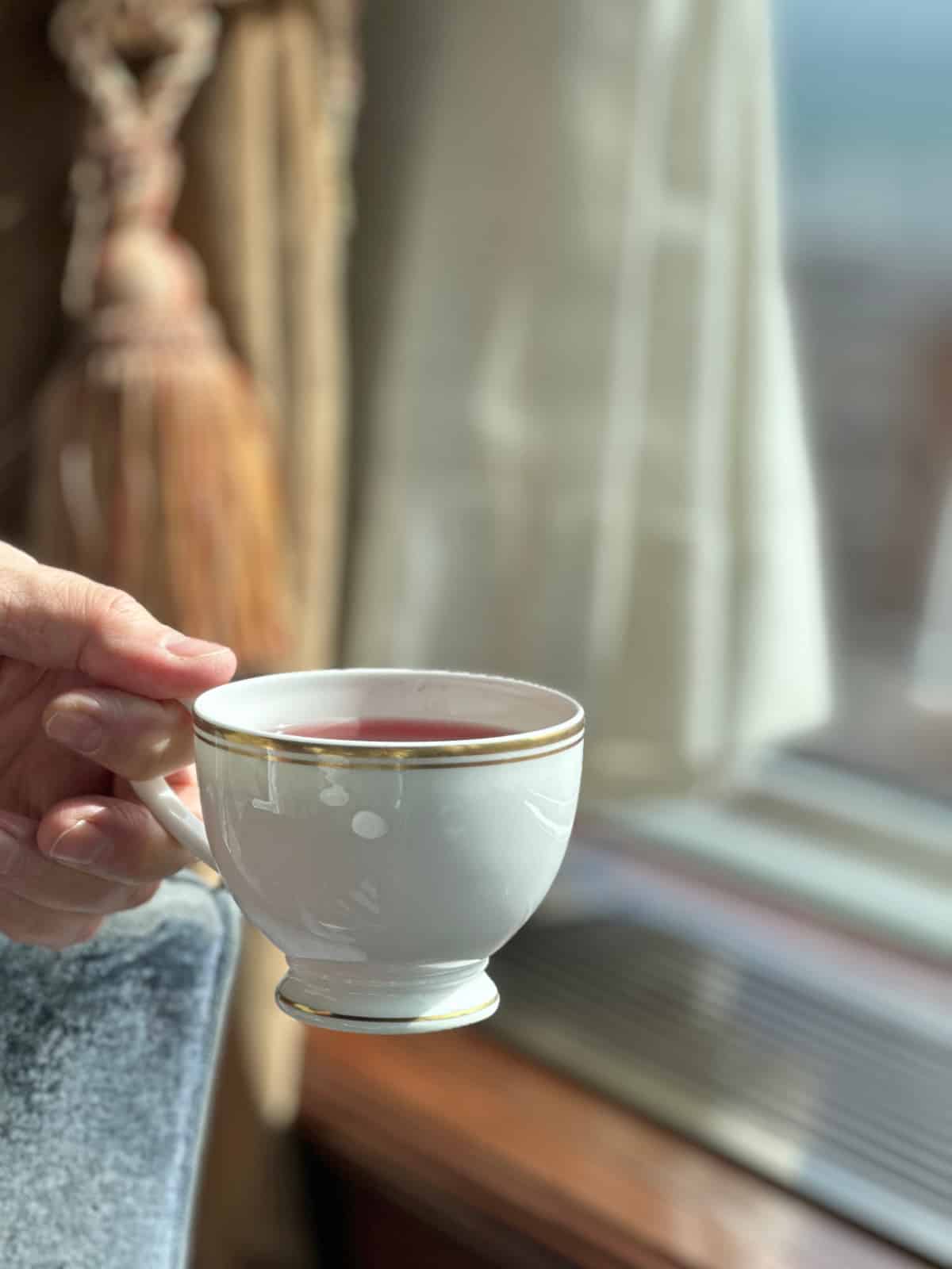 Hand holding cup of hibiscus tea in front of window.